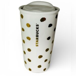Starbucks 2014 Gold Polka Dot Collection ceramic travel tumbler mug